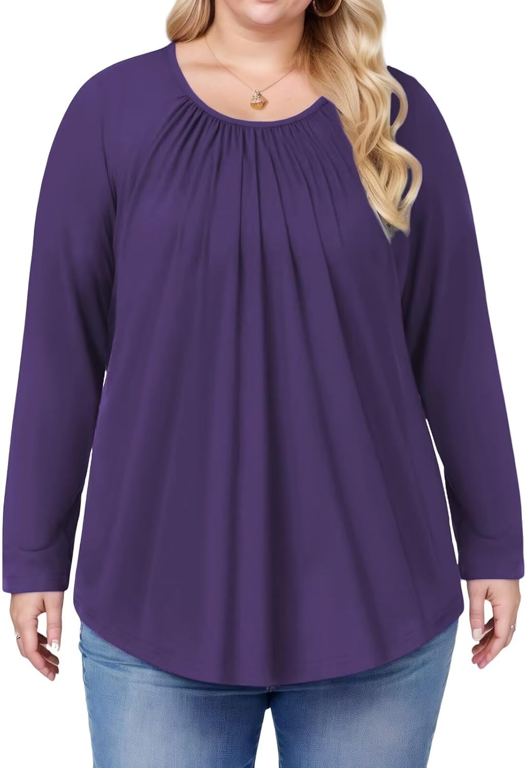 DOLNINE Plus-Size-Tops for Women Casual Crewneck Shirts Basic Long Sleeve Tee Tunics Trendy Pleated Blouses XL-5XL - Image 3