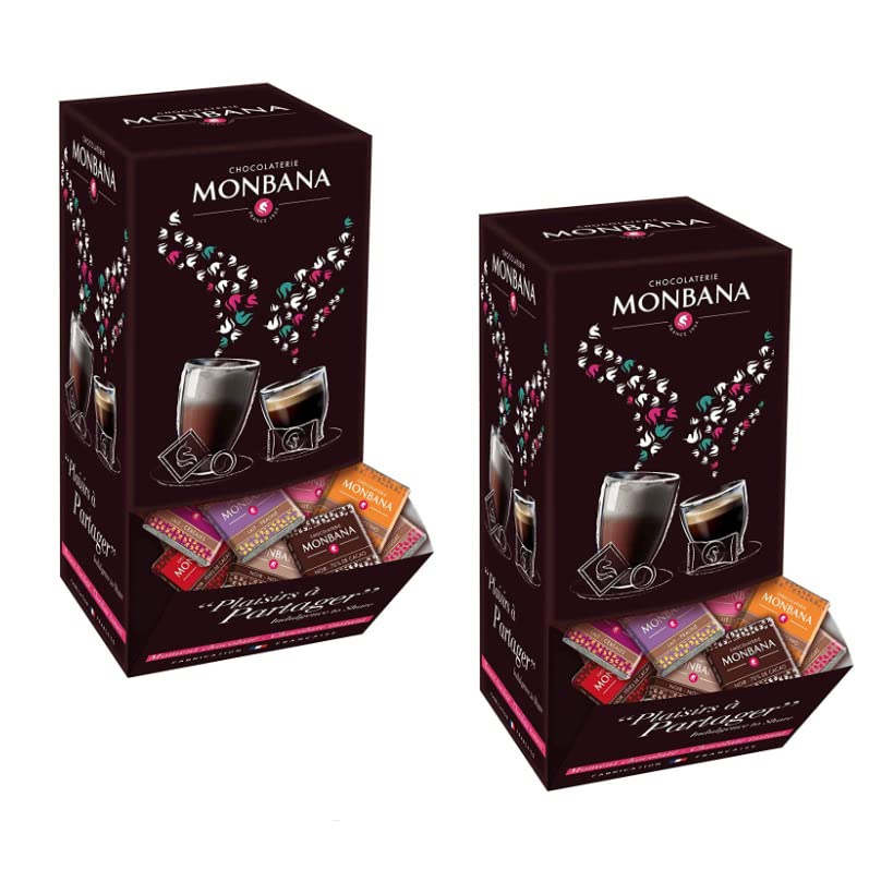 Monbana 2 Coffrets Chocolats Assortis 800 g – Assortiment de 400 Carrés Individuels – 10 Saveurs Chocolat Noir & Lait – Idéal Café, Bureau ou Cadeau
