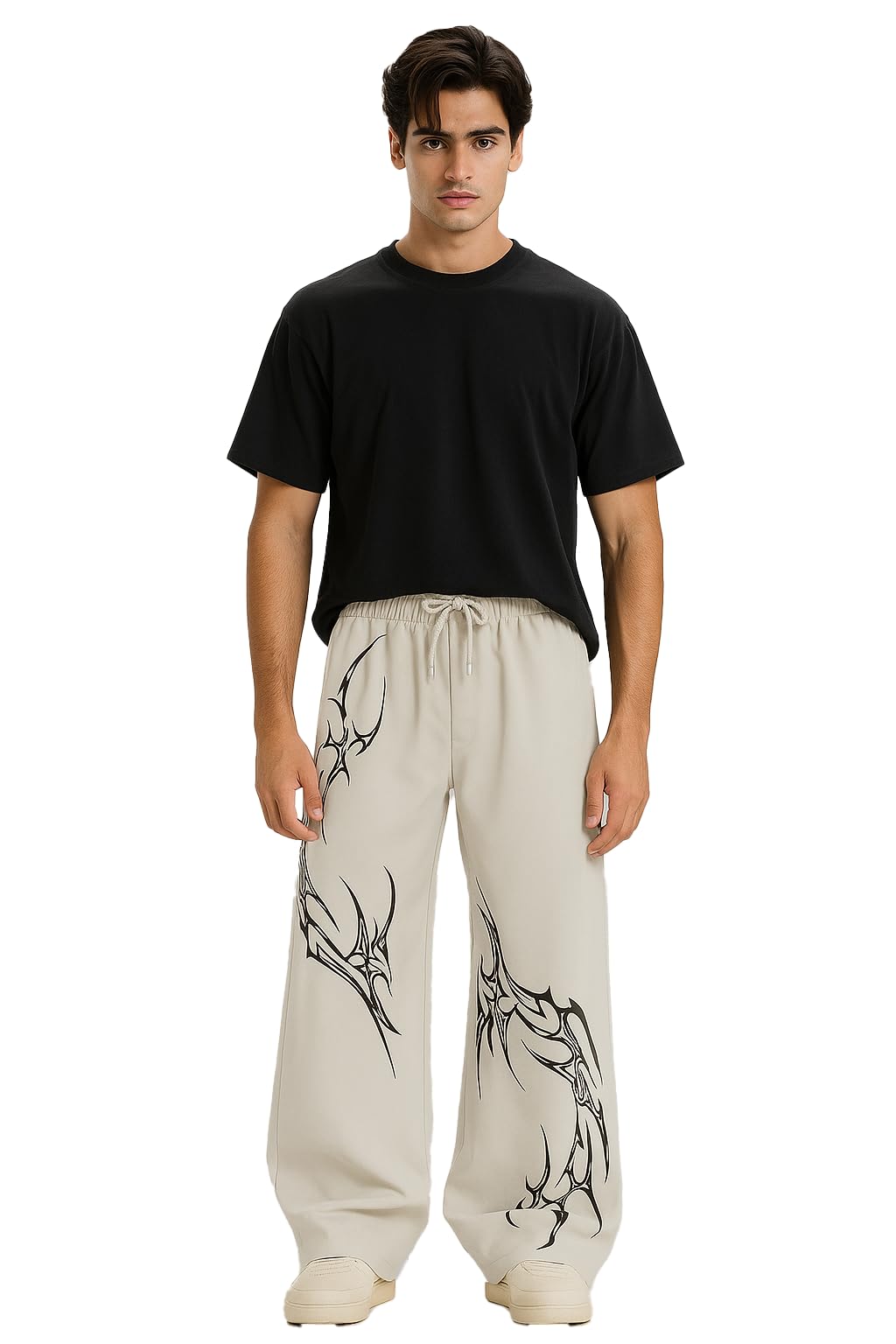 Gothic Tribal Wide Leg Pants for Men | Aesthetic Oversized Baggy Fit | Black and White Streetwear Trousers with Elastic Waist | Relaxed Fit Travel & College Bottoms-image-46