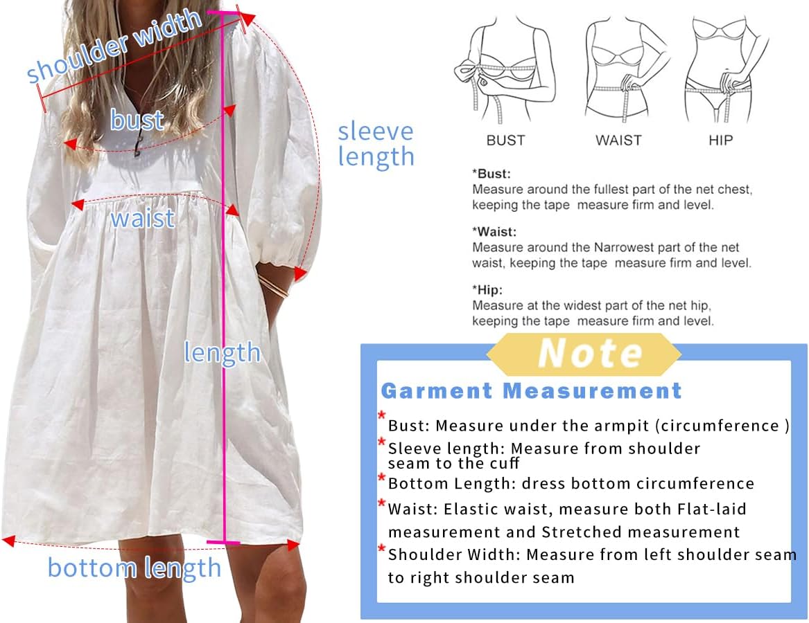 chouyatou Women's Summer Puff Sleeve Cotton Tunic Dress V-Neck Mini Vacation Babydoll Dress - Image 4