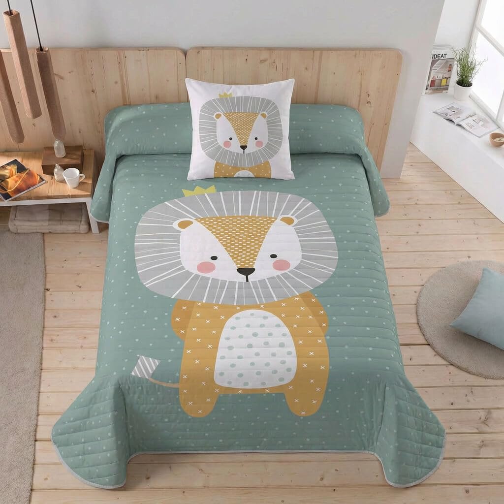 NATURALS Colcha Bouti Infantil Mike, Relleno Ligero 120 gr/m², Cama 90/105 cm, con Funda de Cojín 50x50 cm, Estampado Digital, Fabricada en España (Verde, 90 cm)