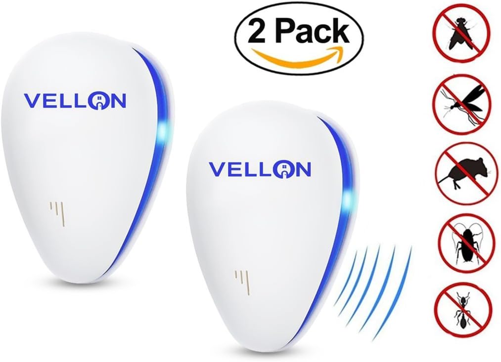 Ultrasonic Pest Repeller - VELLON 2018 New BEST Pest Control Repellent - Electronic Plug In Repellent for Insects, Roaches , Flies, Ants, Spiders, Mice, Bugs and more, Portable, Eco-friendly (2 PACK)