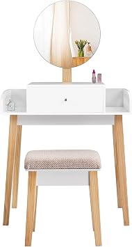 Vanity Table Set, w/Drawer &Side Storage, Dressing Table, w/Adjustable Height Rounded Mirror &Pine Legs, Girls Women Makeup Table &Stool Set, Ideal for Bedroom, Bathroom &Hallway, White & Natural.