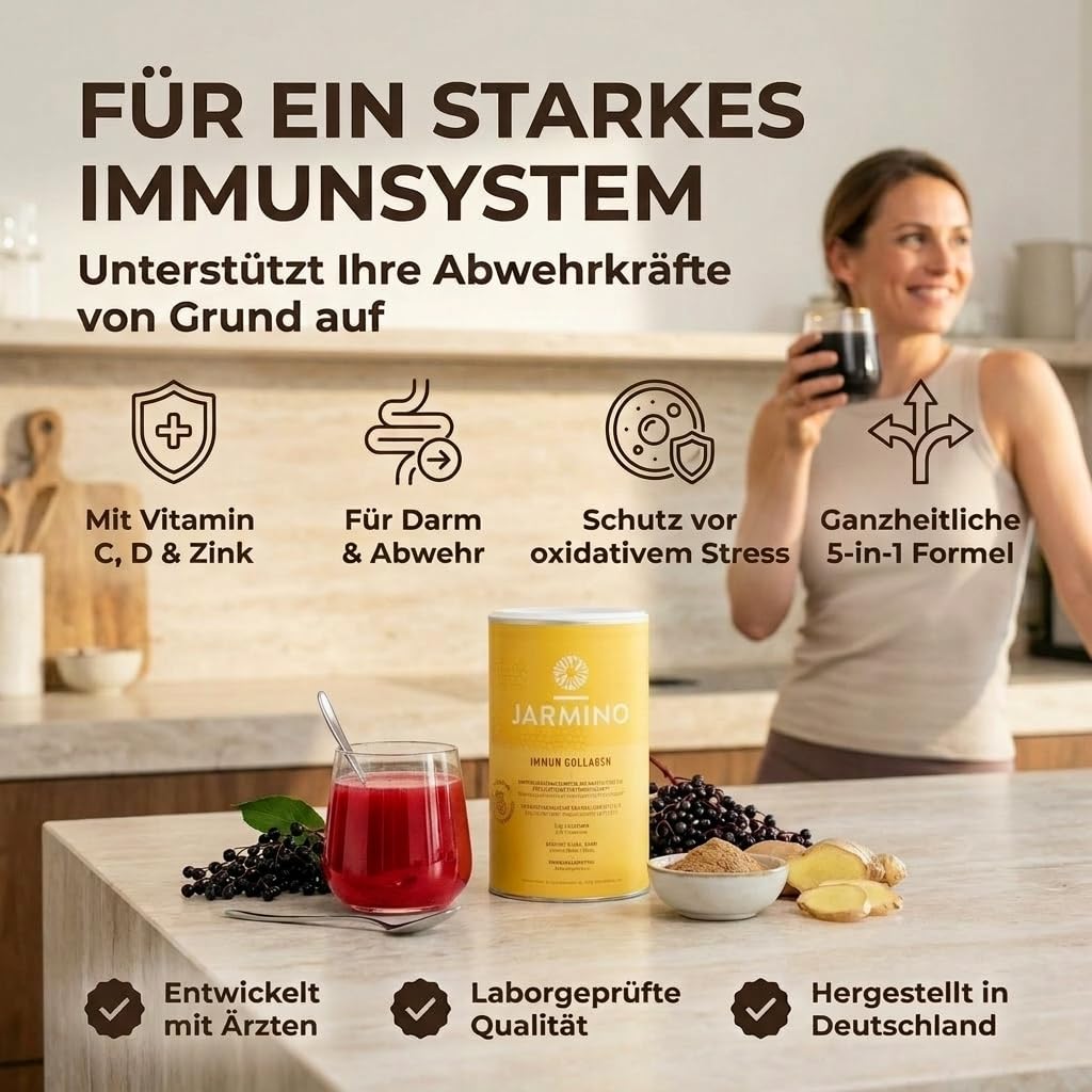 JARMINO Immun Collagen | Kollagen Hydrolysat mit L-Glutamin - Immunsystem stärken | Vitamin C, D, Selen, Zink, Ingwer, Holunder, Vitalpilze | 450g Immun Boost Glutamin Pulver