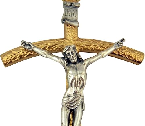 Miniatura 2 de Religious Gifts Crucifijo de pared papal en tono dorado con tono plateado Cristo Corpus, 7 pulgadas