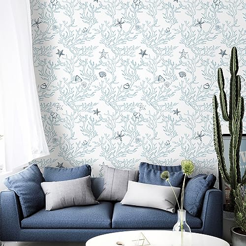 JOLIHOME Azul y Blanco Papel Pintado Autoadhesivo Efecto Vida Marina Pelar y Pegar Papel de Contacto Coral Estrella de Mar Conchas Patrón Pegatina Pared Vinilo Rollos para Baño Encimera 44.5x500cm
