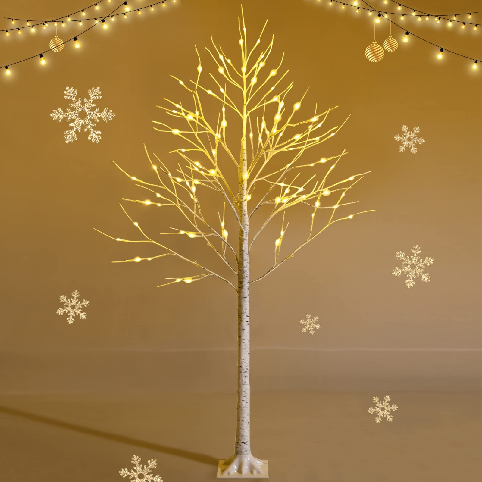 RELAX4LIFE Albero di Natale Nudo 180 cm con LED, Albero Realistico Con Rami Nudi senza Foglie in PVC, 96 Luci LED Bianco Caldo, Tronco Intero con Base di Radici per Feste, Bianco (180 cm)