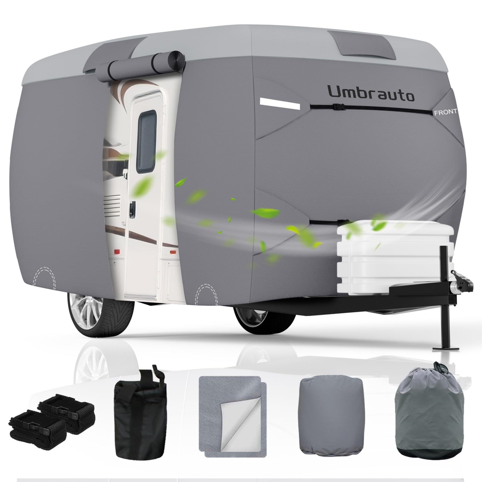 Umbrauto Fiberglass Travel Trailer Cover Fits 8'-10' Trailers, Upgraded 9 Layers Top Camper RV Cover with Windproof Strap,Adhesive Repair Patches