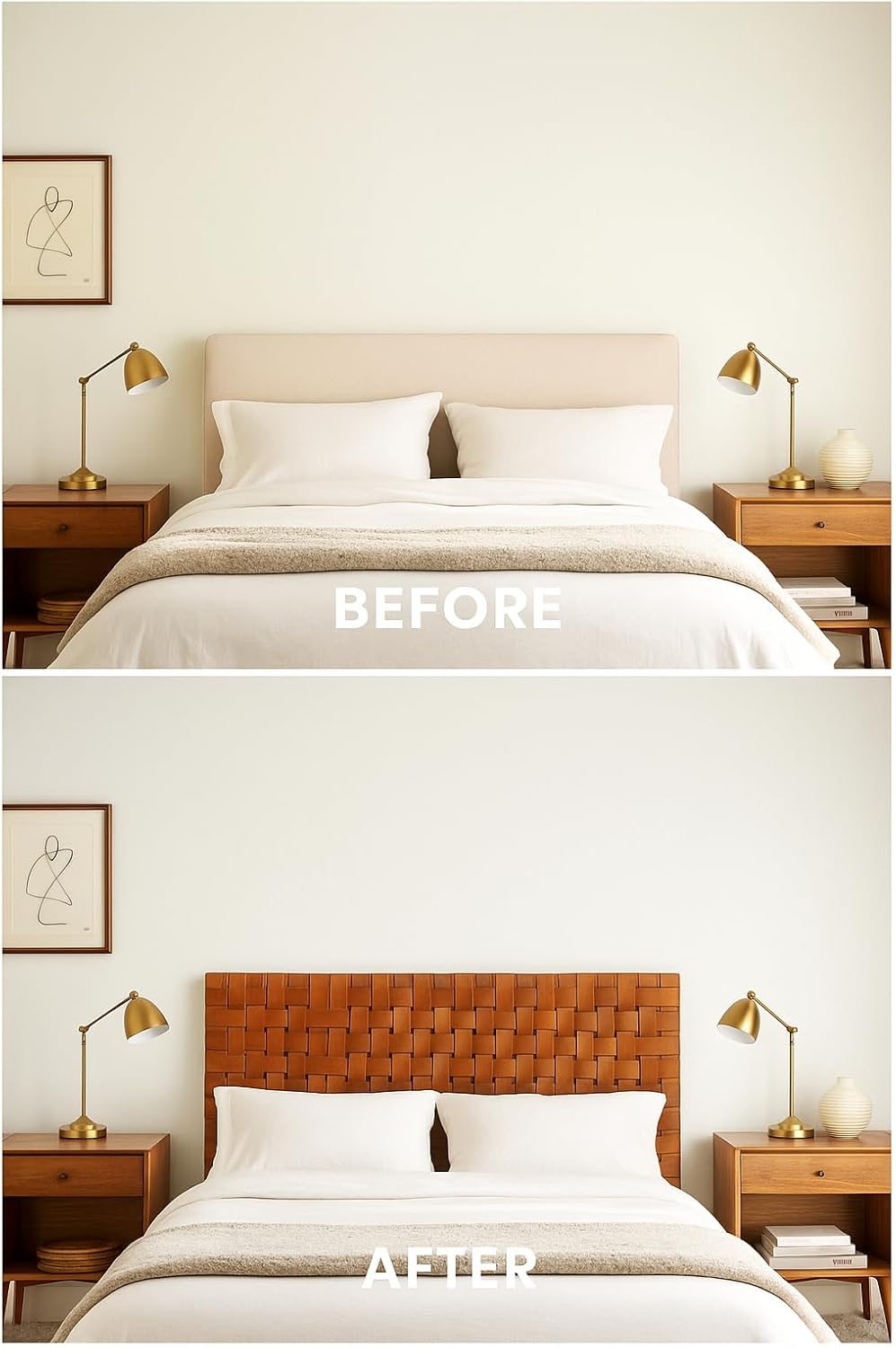 Moroccan Leather Weave Full Headboard, Handwoven Genuine Leather, Adjustable Height, Natural Brown, Freestanding Braided Design (King) | Full-grain leather, Handmade in Morocco