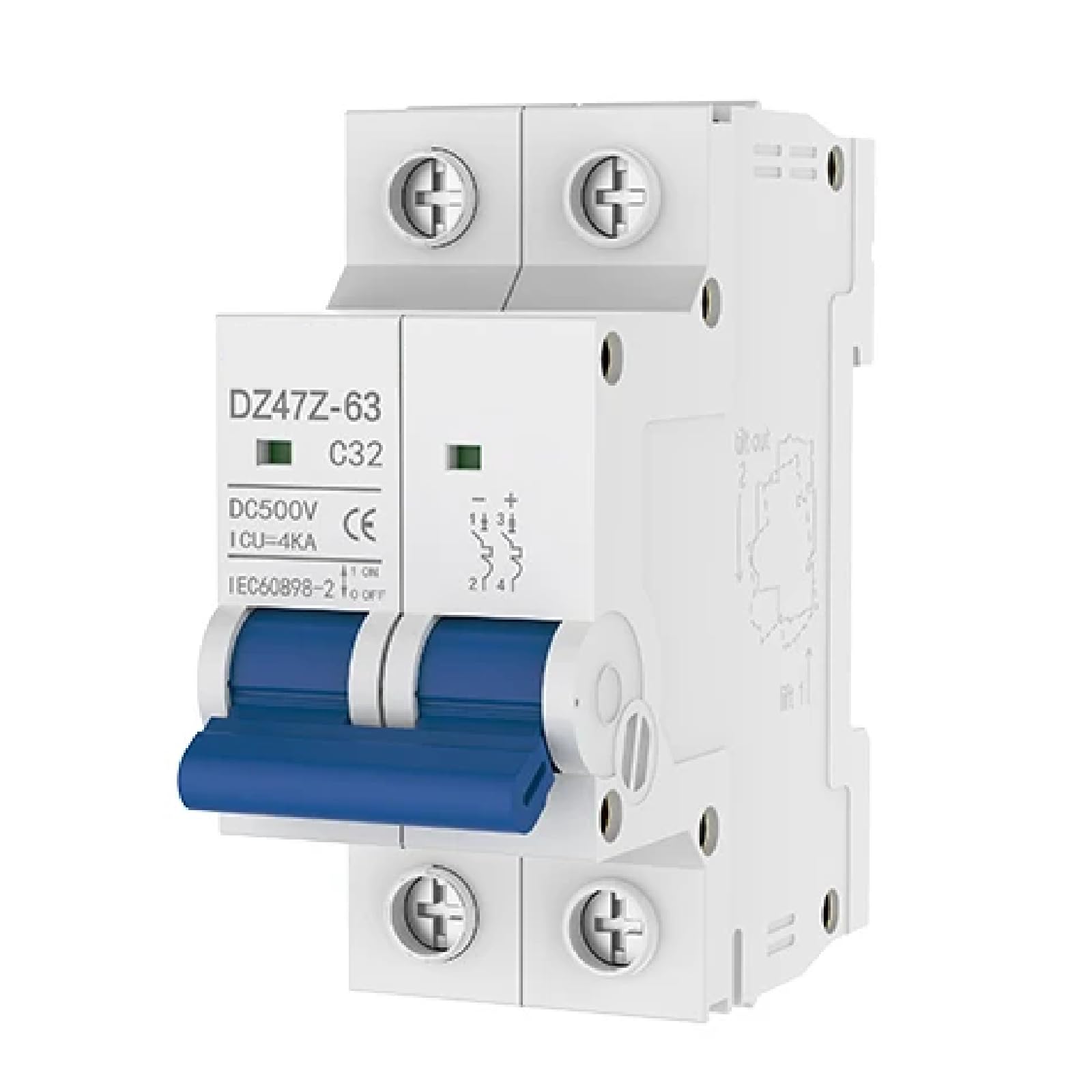 DZ47Z-63 2-Pole DC Circuit Breaker, 500V/1000V Solar PV System MCB, DIN Rail Mount Disconnect Switch, White and Blue (2P 500V 16A)