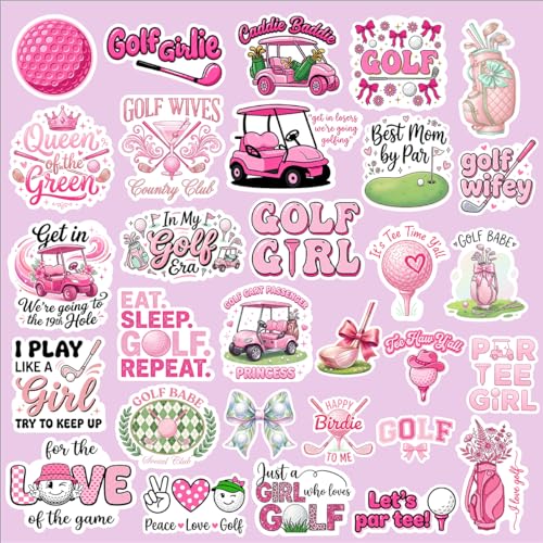 30Pcs Pink Golf Stickers For Women, Cute Waterproof Preppy Golf Girl Decals For Water Bottles, Carts &Amp; Clubs