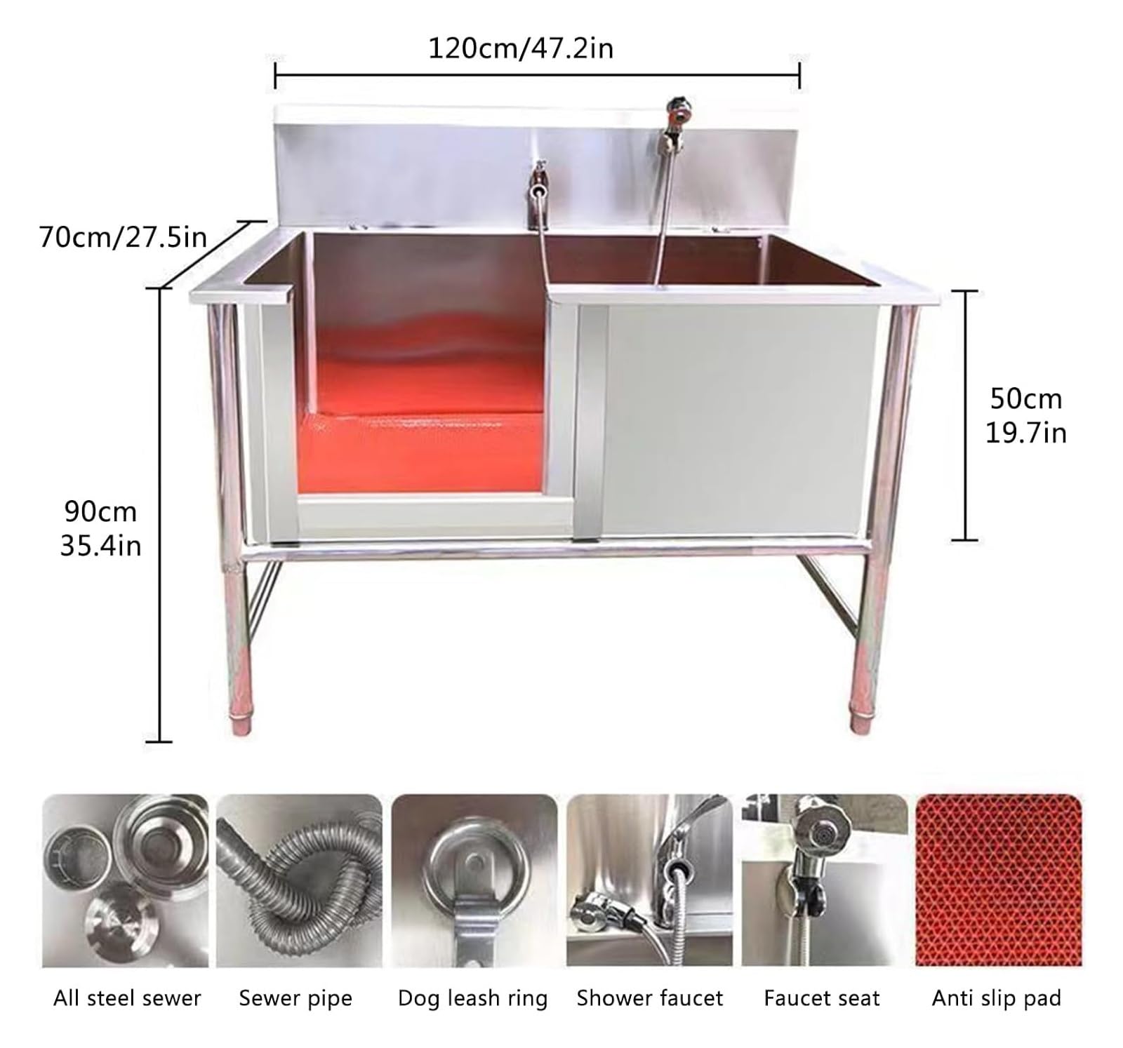 Vasca professionale in acciaio inox per toelettatura animali domestici con rubinetto per il bagno e la doccia
