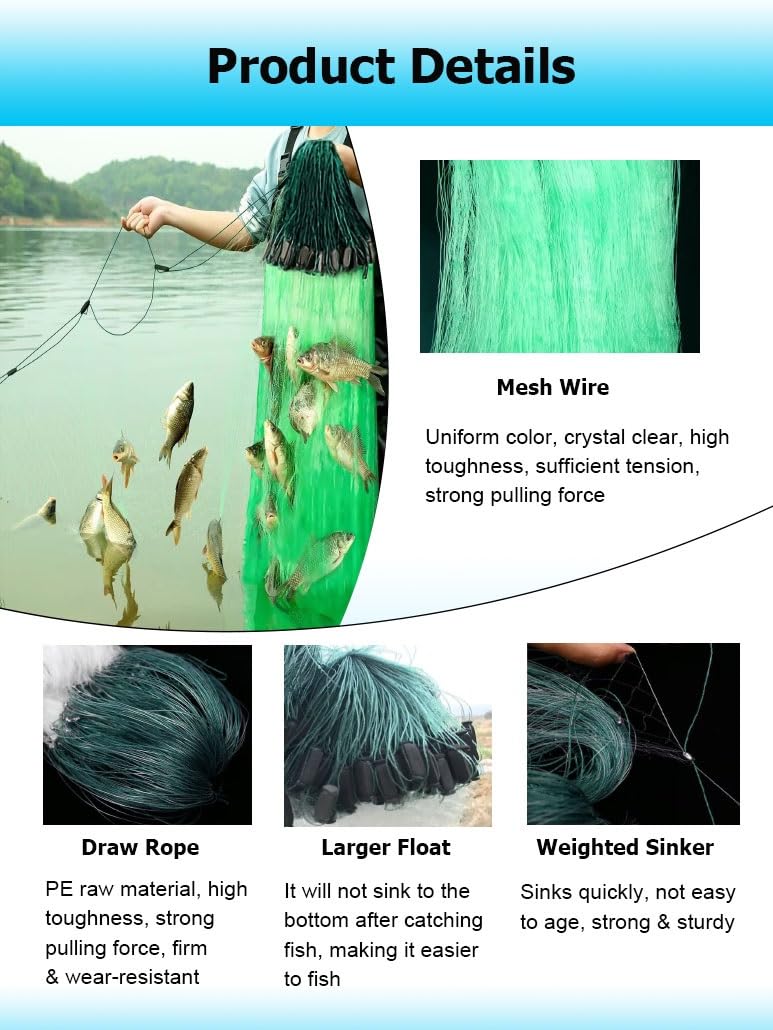 Red de Pesca de 3 Capas, 82-328 pies, Red hundida, atrapa más Peces fácilmente, Red de Lanzamiento, reutilización con Flotador, Malla de 2,3-12 cm