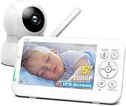 Monitor de Bebê com Câmera HD 1080p, Tela de 5 Polegadas, Áudio Bidirecional, Visão Noturna, Controle de Temperatura, Branco
