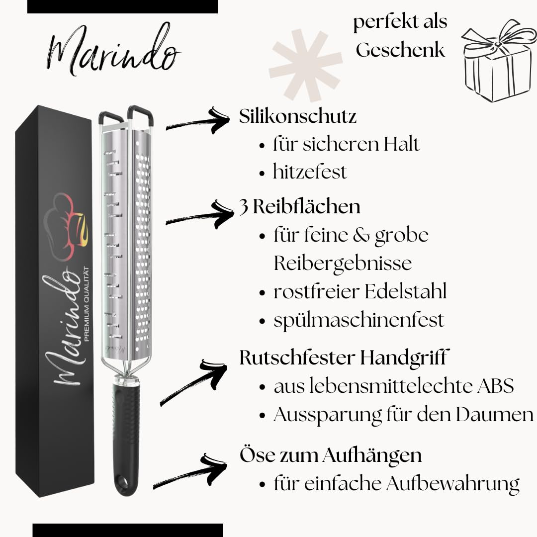MARINDO Premium Zester 3 in 1 – Reiben, Raspeln & Hobeln | Parmesanreibe, Zitronenreibe, Muskatnuss Reibe, Ingwerreibe u.v.m. | Fein & Grob Edelstahl