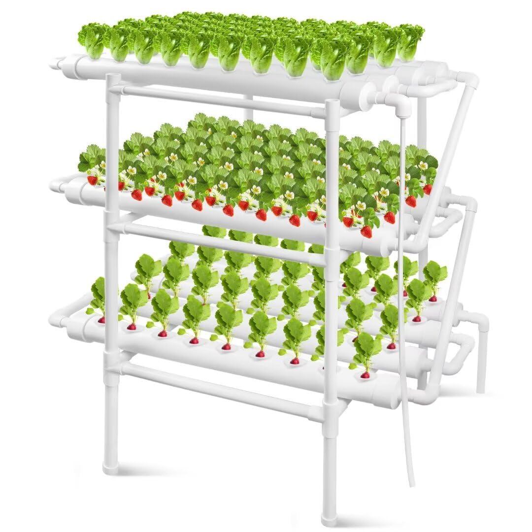 Kalolary Kit de cultivo hidropónico de 3 capas, equipo de plantación hidropónica de 108 sitios con bomba de agua, sistema de cultivo hidropónico con cestas de cultivo y esponjas