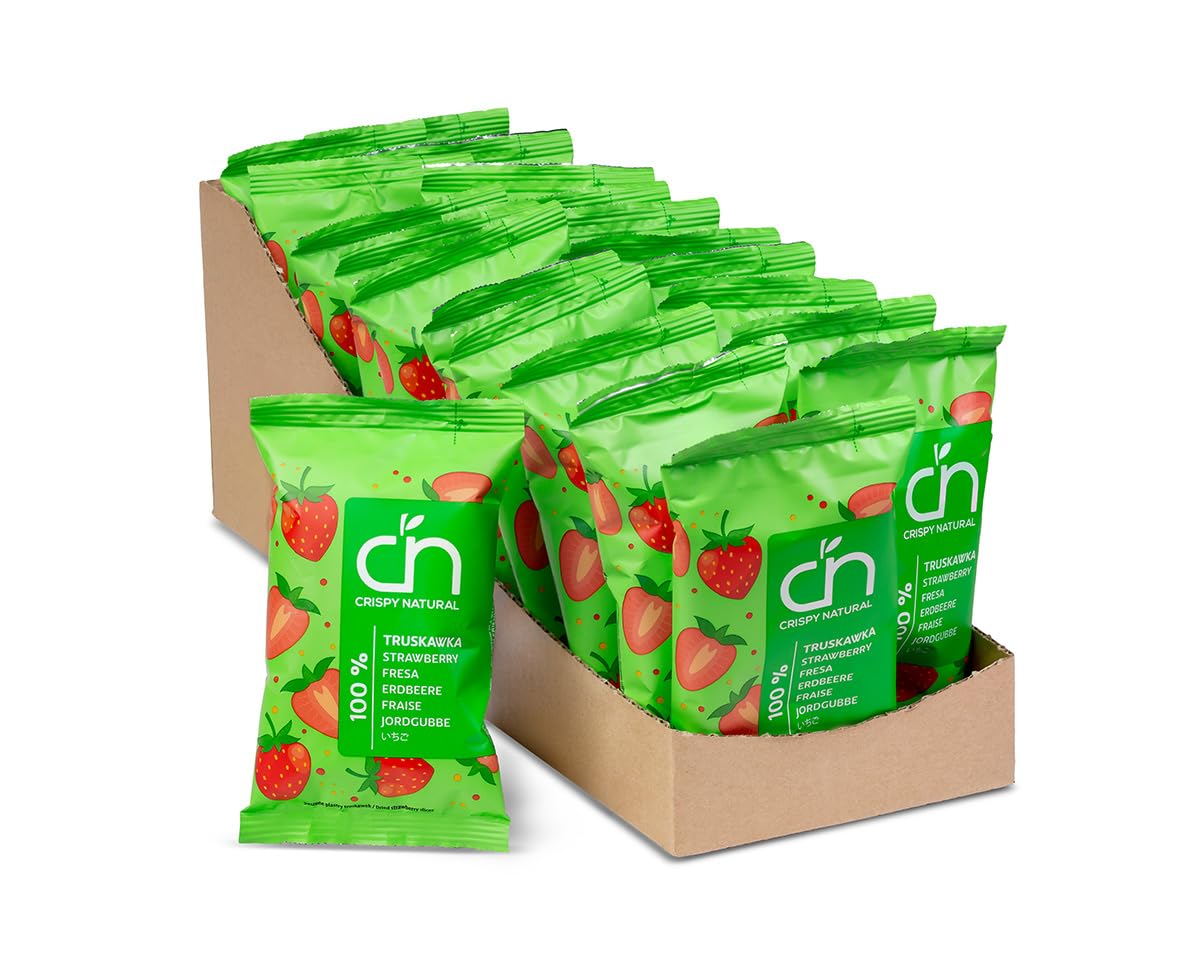 Crispy Natural Chips de Fresa 20x10 g. Chips de Frutas Secadas al Aire, Naturalmente Crujientes. Snack Saludable sin Azúcares Añadidos, Libre de Gluten. Fuente de Fibra. Pequeñas Porciones.