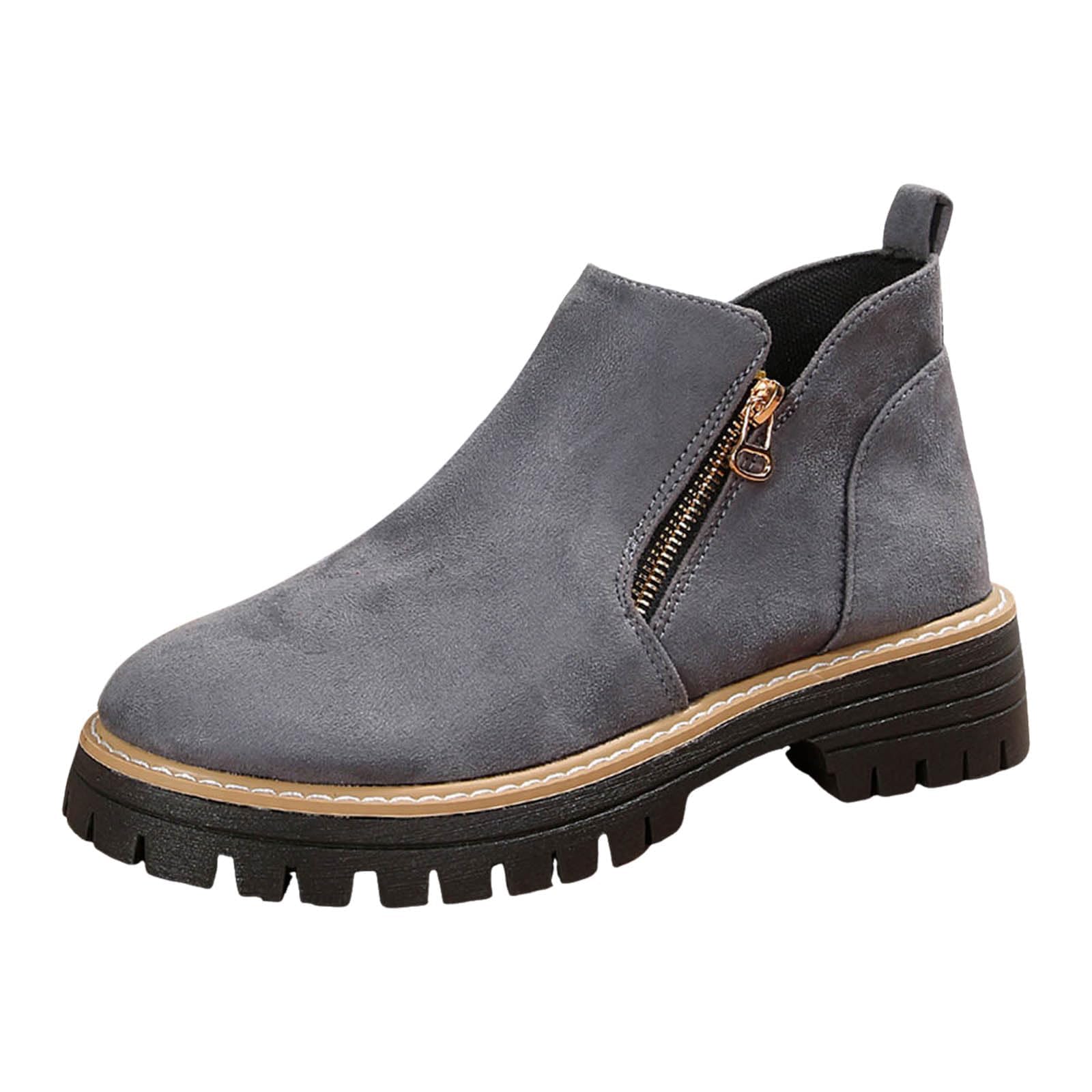 Ankle Boots for Women Low Heel Platform Heeled Short Booties Vintage Round-Toe Casual Walking Shoes with Side Zipper
