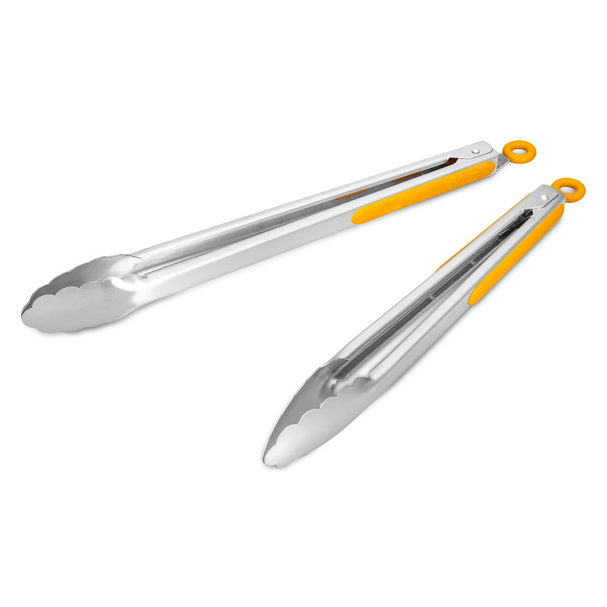 304 Stainless Steel Kitchen Cooking Tongs, 12" and 14" Set of 2 Sturdy Grilling Barbeque Brushed Locking Food Tongs with Ergonomic Grip, Orange