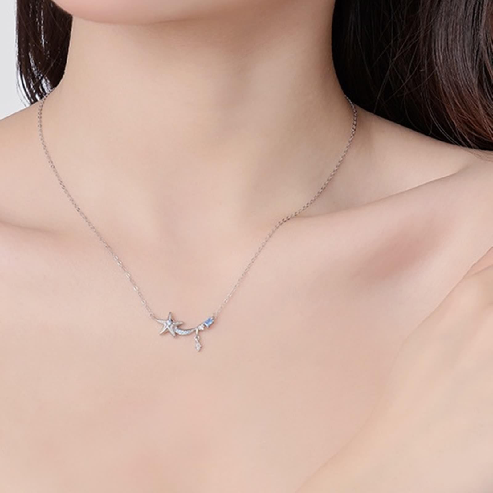 Collar para mujer con colgante de oro blanco Au 375/585/750, estrella de mar con topacio de corte rectangular azul, 9 K/14 K/18 K, oro blanco, 40 + 5