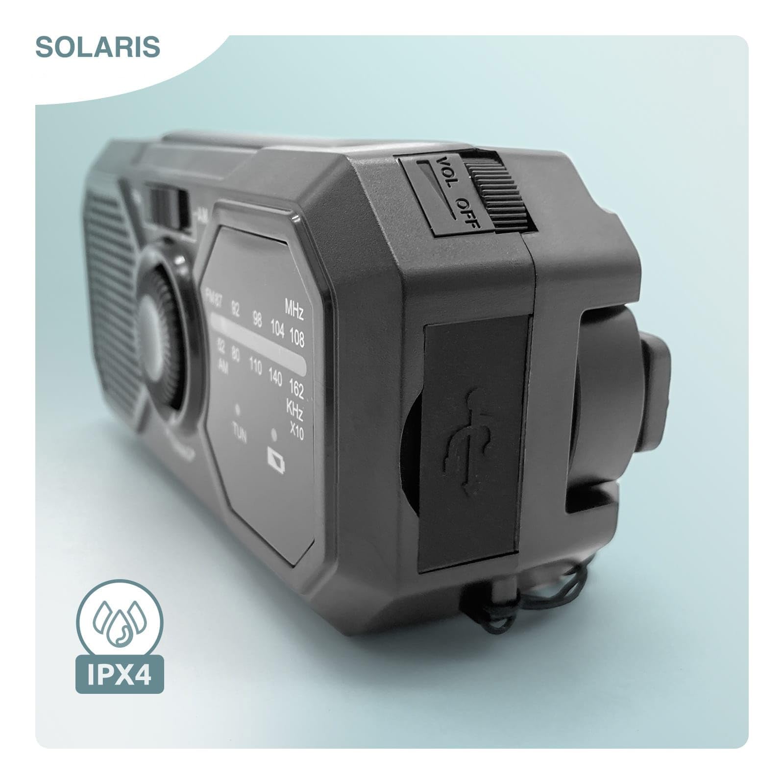 SOLARIS Tragbarer Kurbelradio mit integrierter Taschenlampe, Solarpanel und Handkurbel-Ladefunktion.