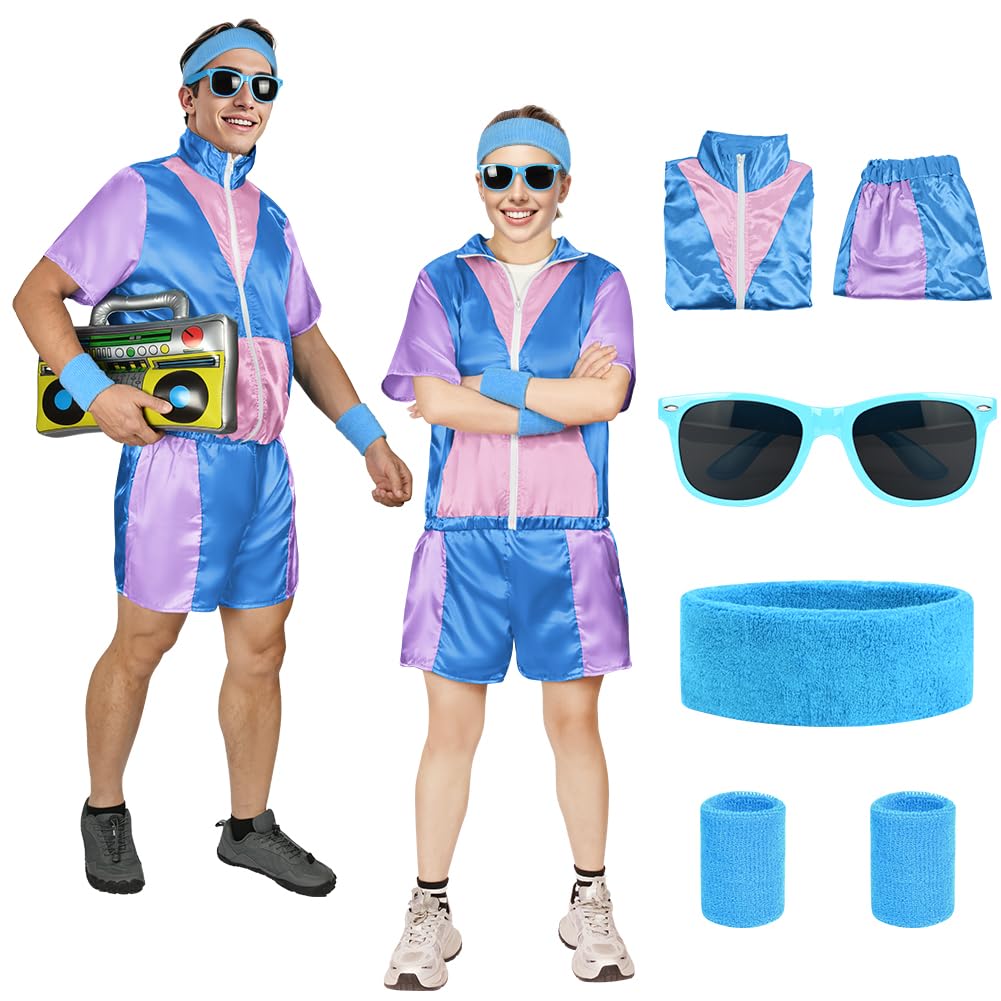 Aomig 90s Hip Hop Outfit 80s Fashion Shell Suit Costume, 80s 90s Costume Outfits Sportswear for Disco with Headband Wristbands, 1980s Disco Fancy Dress Retro Tracksuit for Halloween Carnival Party(L)
