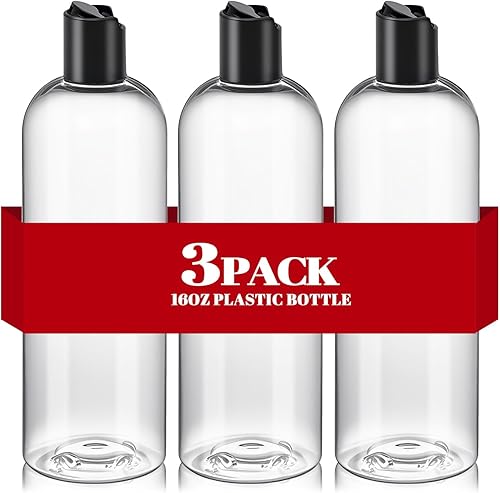 3 botellas vacías de plástico transparente de 16 onzas con tapas superiores de disco negras, botellas de champú recargables exprimibles, recipientes