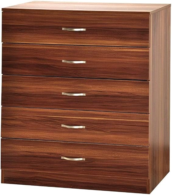 Vida Designs Walnut Chest of Drawers, 5 Drawer With Metal Handles and Runners, Unique Anti-Bowing Drawer Support, Riano Bedroom Storage Furniture