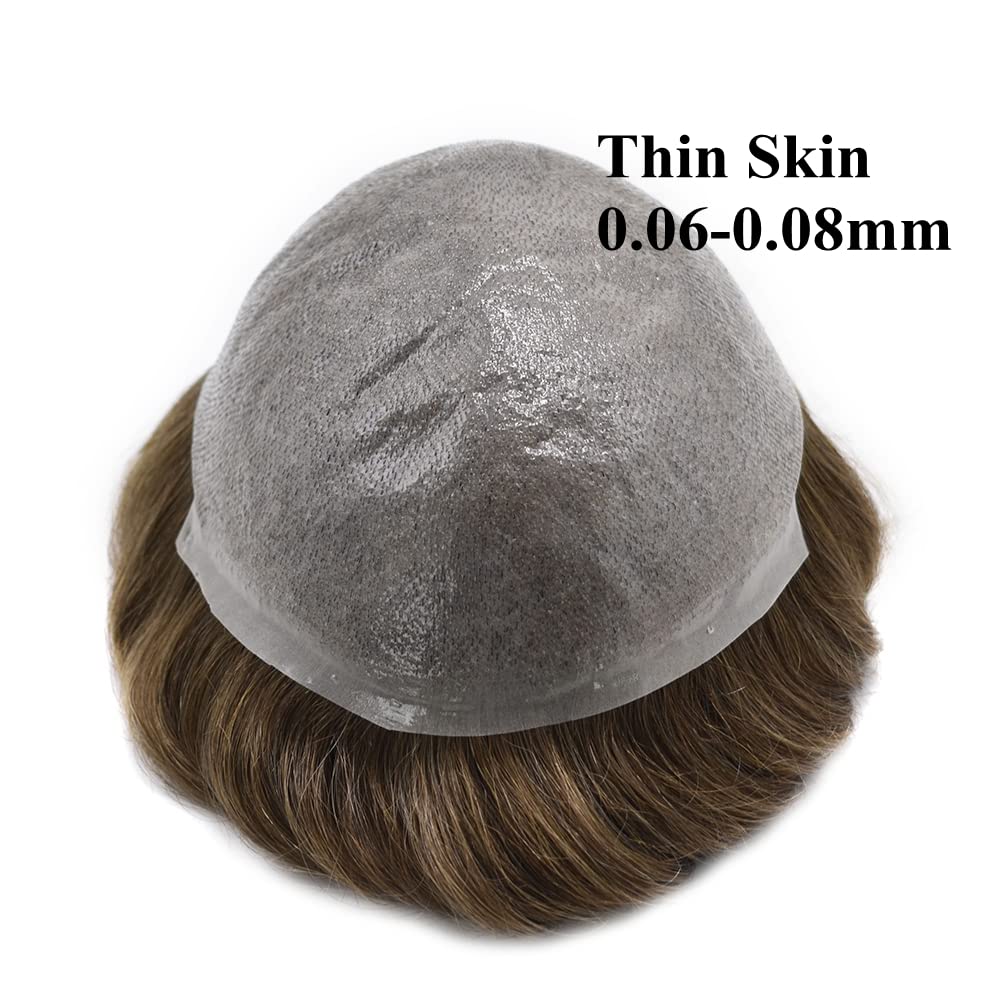Human Hair Toupee for Men Ultra Thin Skin 0.06mm V-Looped Mens Toupee European Hair Pieces for Men Hair Replacement System Full PU Poly Mens Toupee Hairpieces (8X10"-100% Density, 2# Darkest Brown)