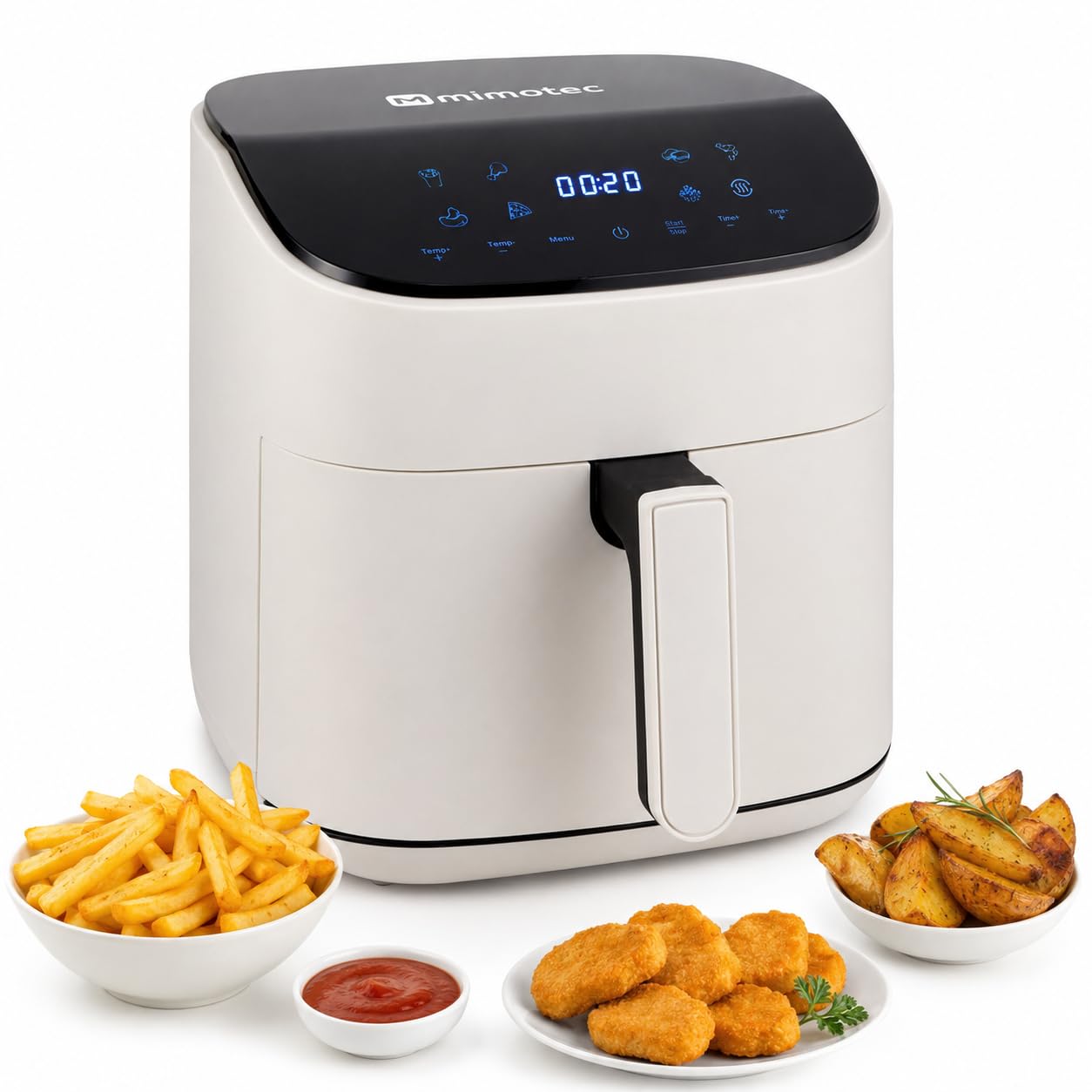 M mimotec – Friggitrice ad Aria White Sara Touch 6,5L, senza Olio, 1600W, 8 Menu Digitali, Display Touch, Funzione Grill, Timer Regolabile, Temperatura 80-200°C, Cucina Facile e Sana