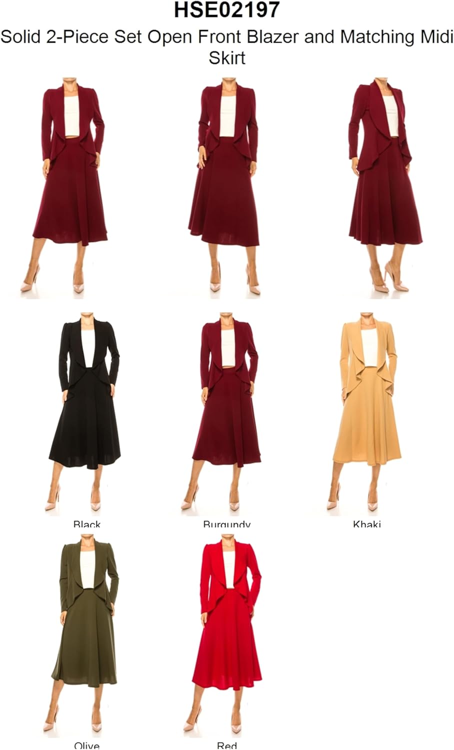 Women's Solid 2-Piece Set Open Front Blazer and Matching Midi Skirt