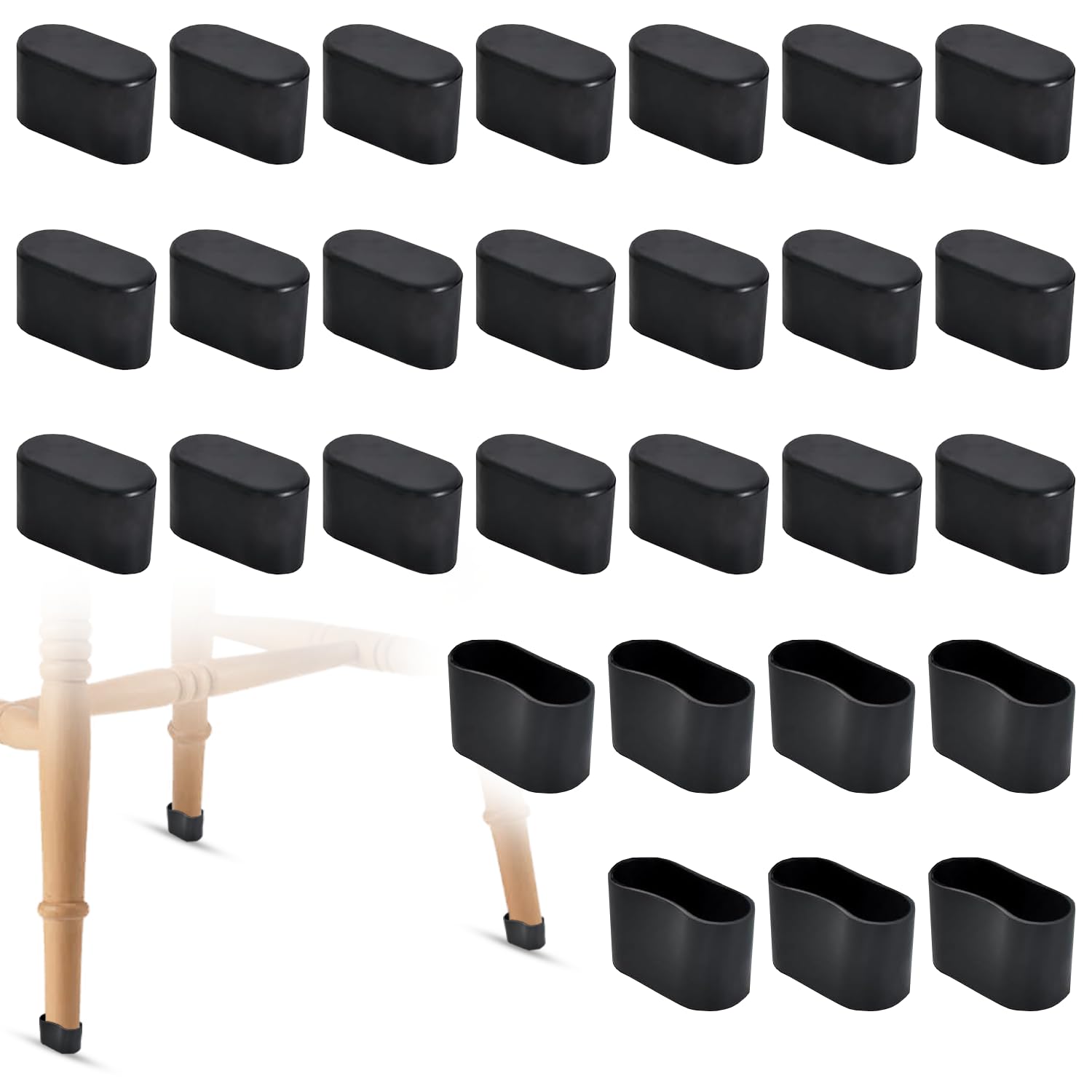 Pack of 28 Oval Chair Leg Caps, 40 x 20 mm, Non-Slip PVC Foot Caps for Furniture