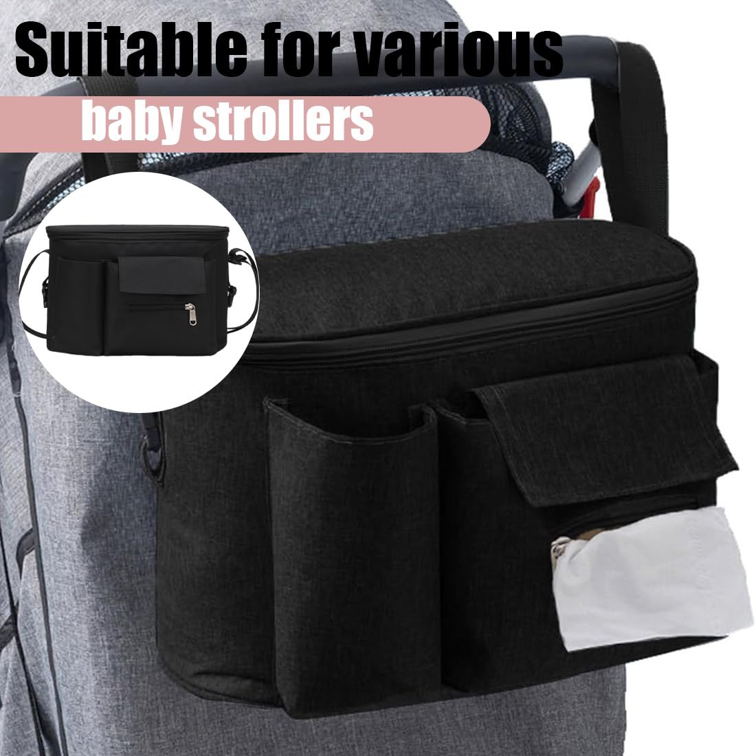 Baby Borsa Passeggino Borsa Organizer, Borsa multifunzione per neonati, con Portaoggetti per Biberoni, Pannolini, (Nero)