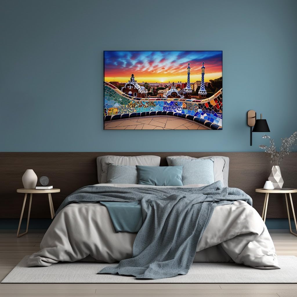 Canvas for Living room. Gaudi's Masterpiece at Dusk: Park G�ell's Mosaic Elegance Against Barcelona's Sunset Canvas, 27 x 18 inch Canvas Wall Art - Ready to Hang
