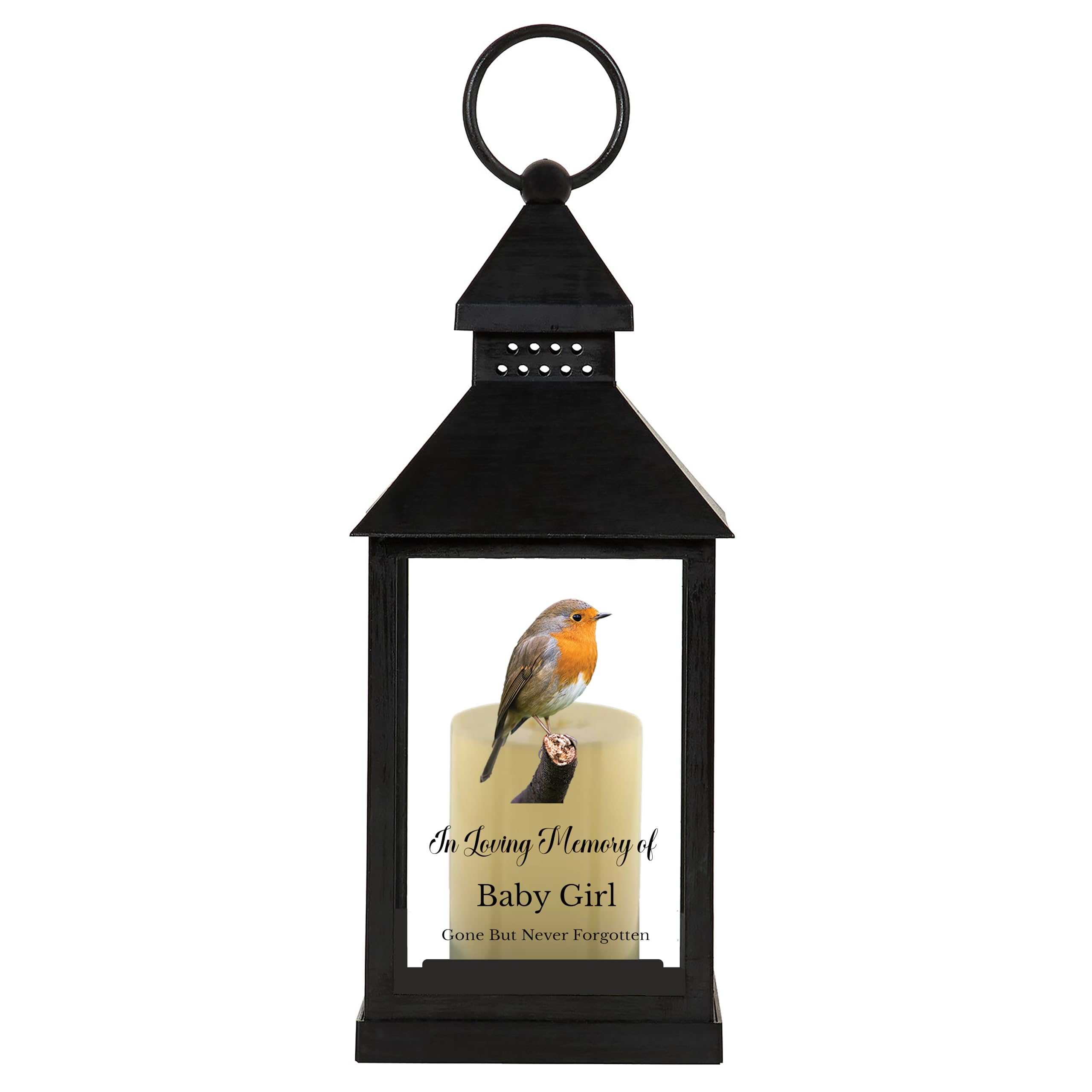 in Loving Memory of Robin Design Memorial Lantern Black or White Remembrance Keepsake Mum Dad Granny Papa Aunty (UV Printed) (Baby Girl)