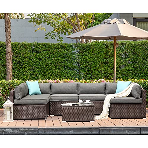 HOMPUS-7-Pieces-Outdoor-Furniture-Set-All-Weather-Brown-Wicker-Patio-Sofa-wGrey-Seat-Cushions-2-Blue-Pillows-and-Glass-Coffee-Table-Outdoor-Sectional-Sofa-Couch-for-Backyard-Garden-Balcony-Deck HOMPUS 7 Pieces Outdoor Furniture Set All Weather Brown Wicker Patio Sofa wGrey Seat Cushions 2 Blue Pillows and Glass Coffee Table Outdoor Sectional Sofa Couch for Backyard Garden Balcony Deck