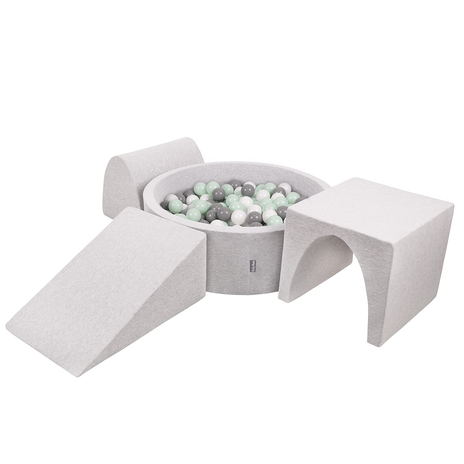 KiddyMoon Foam Playground For Kids With Round Ballpit (300 Balls) Obstacle Course, Lightgrey:White/Grey/Mint โ image 1