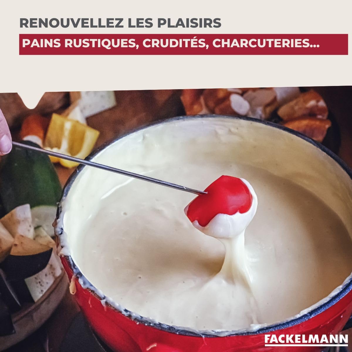 Fackelmann 687915 Set à Fondue au Fromage 2 Personnes Fonte émaillée Appareil, Bois,Acier Inoxydable, Noir,Blanc,Rouge
