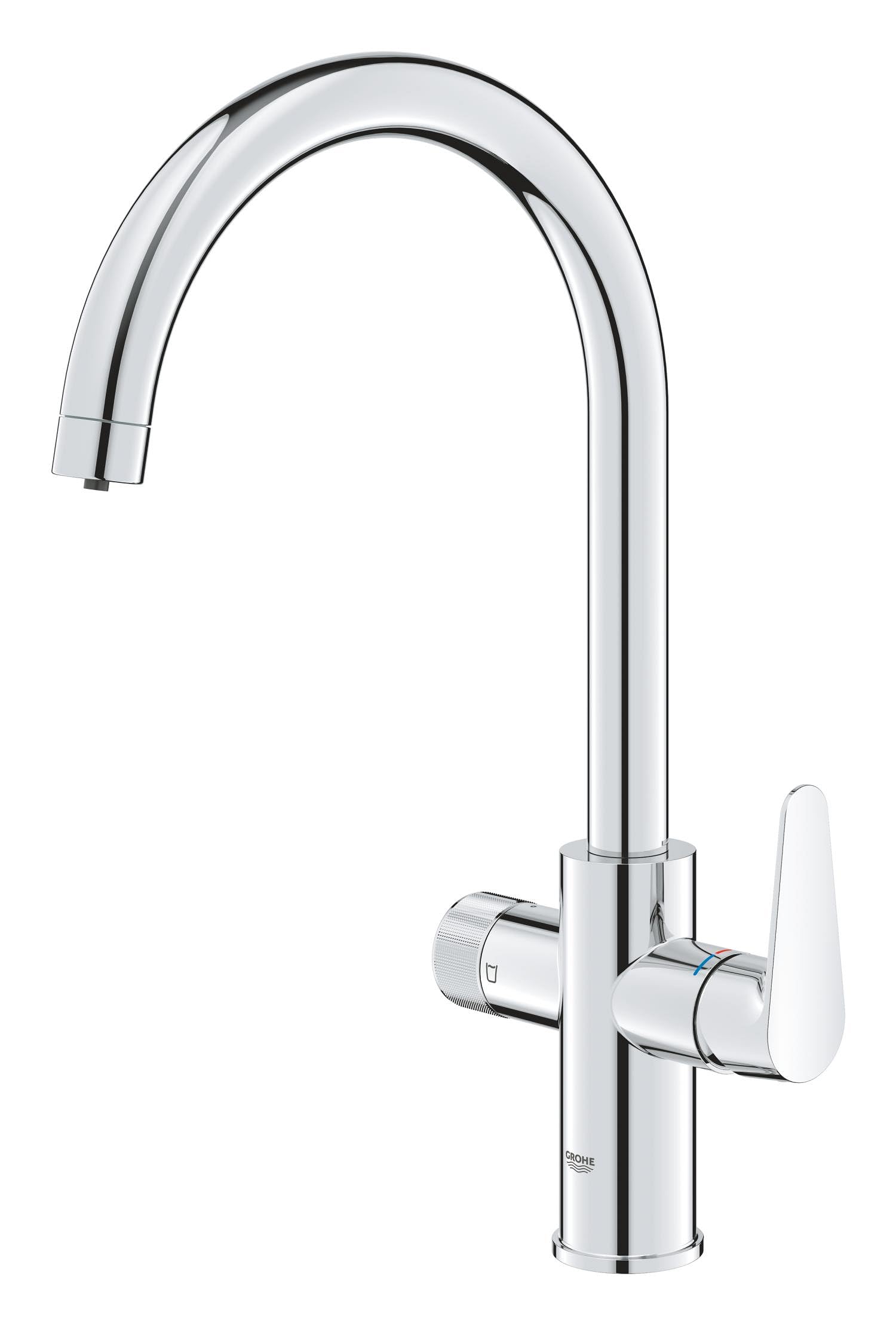 GROHE Blue Pure BauCurve – Grifo con filtro de agua de 3 vías (caño alto en C, giro 150°, mando de filtrado, cartucho cerámico 28 mm, latiguillos 3/8", requiere set de filtrado), cromo, 30580000