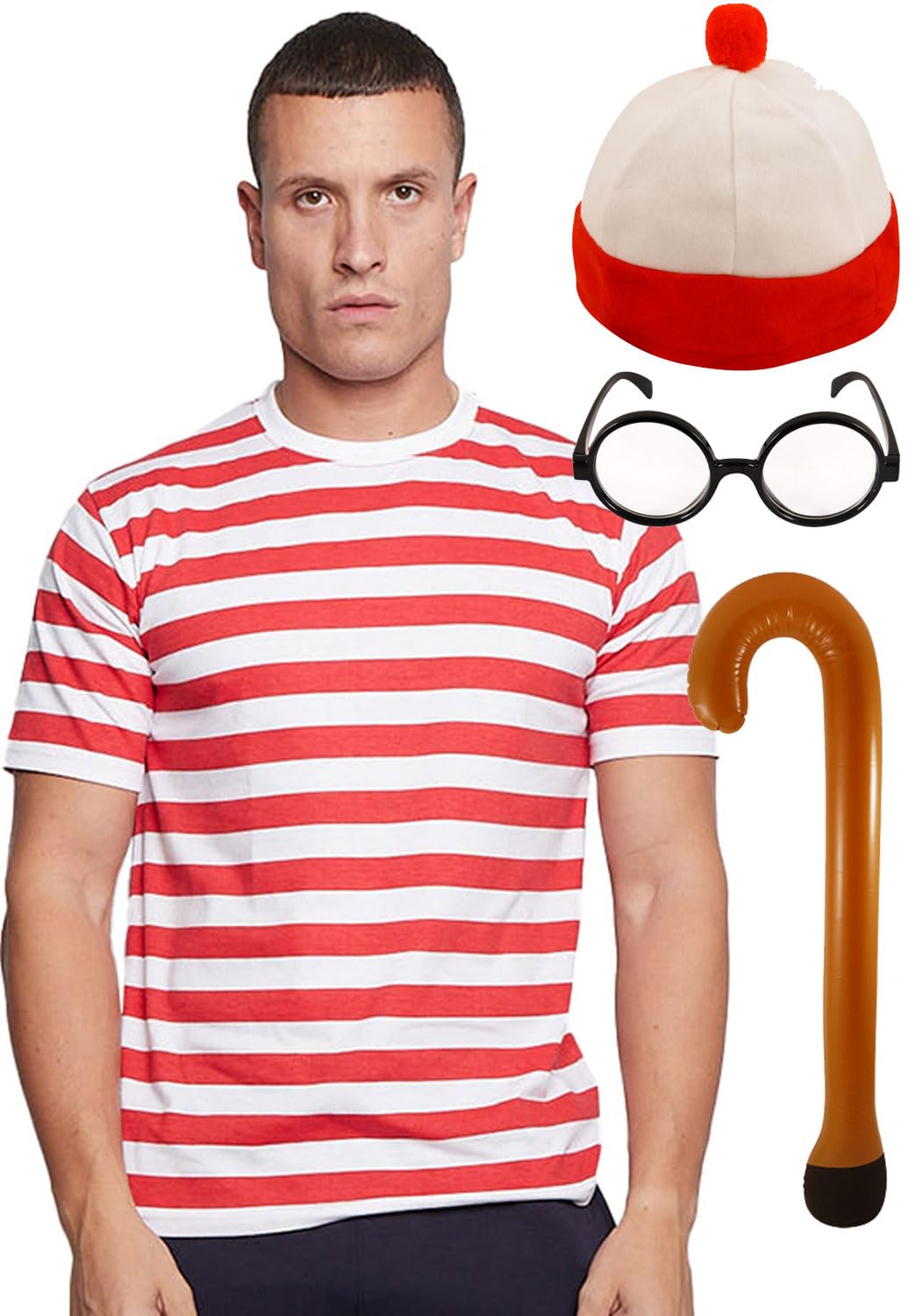 labreeze Red & White T-Shirt, Hat, Glasses & Inflatable Walking Stick – World Book Day Fancy Dress Costume (XXLARGE)