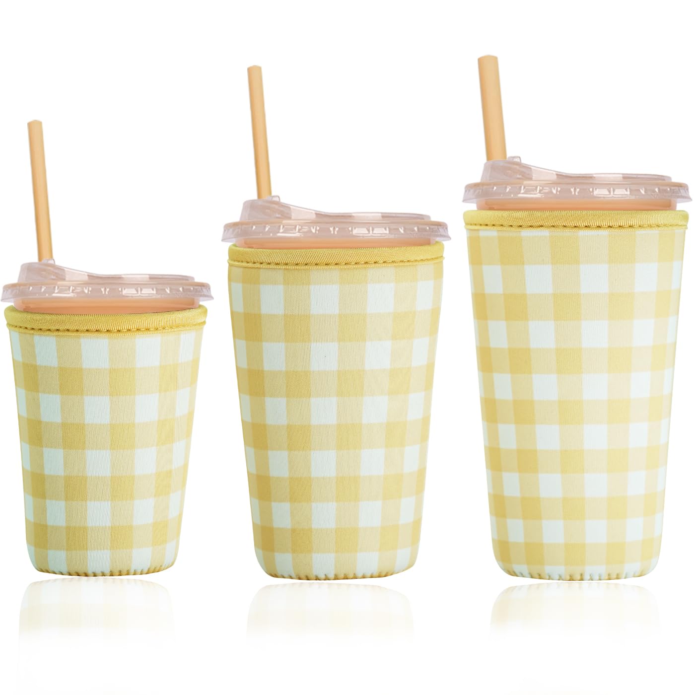 Reusable Insulated Sleeve for Iced Coffee Cup, 3-Pack Coffee Neoprene Drink Sleeve for Cold &amp; Hot Drinks, Beverage Holder for Iced Coffee (Butter Gingham)