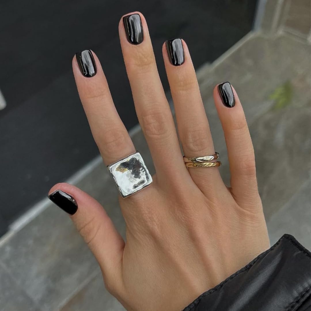 SXVME Black Press on Nails Short Square Acrylic Short False Nails Coffin Natural Acrylic Fake Nails Set Elegant Solid Color Full Cover Glossy Gel Stick on Nail for Women Fall Winter 24 Pcs