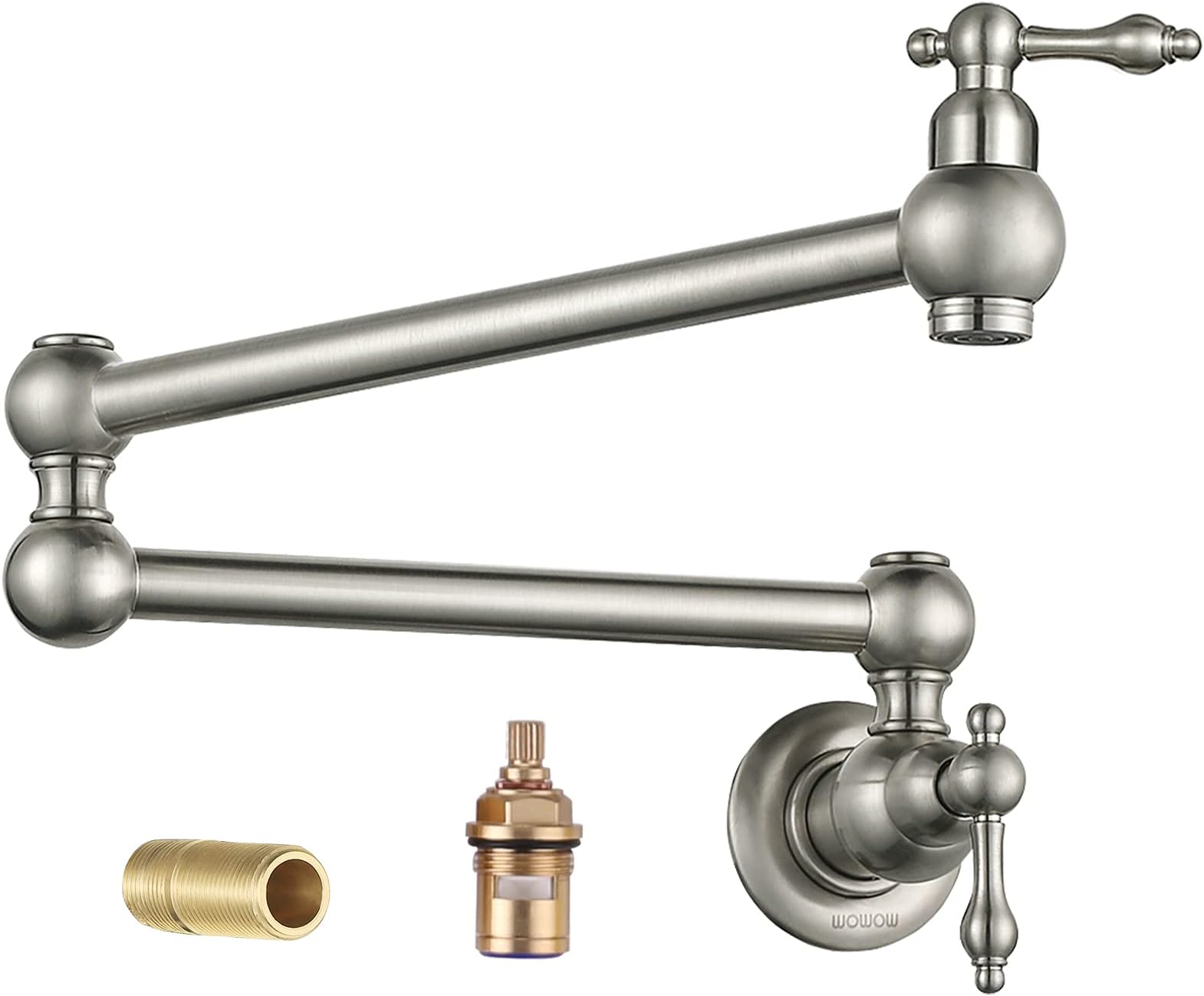 WOWOW Pot Filler Faucet Wall Mount Commercial Sink Faucet Folding Kitchen Faucet Lead-free Restaurant Faucets Brass 2 Handles Brushed Nickel Double Joint Swing Arm Kitchen Faucet 141