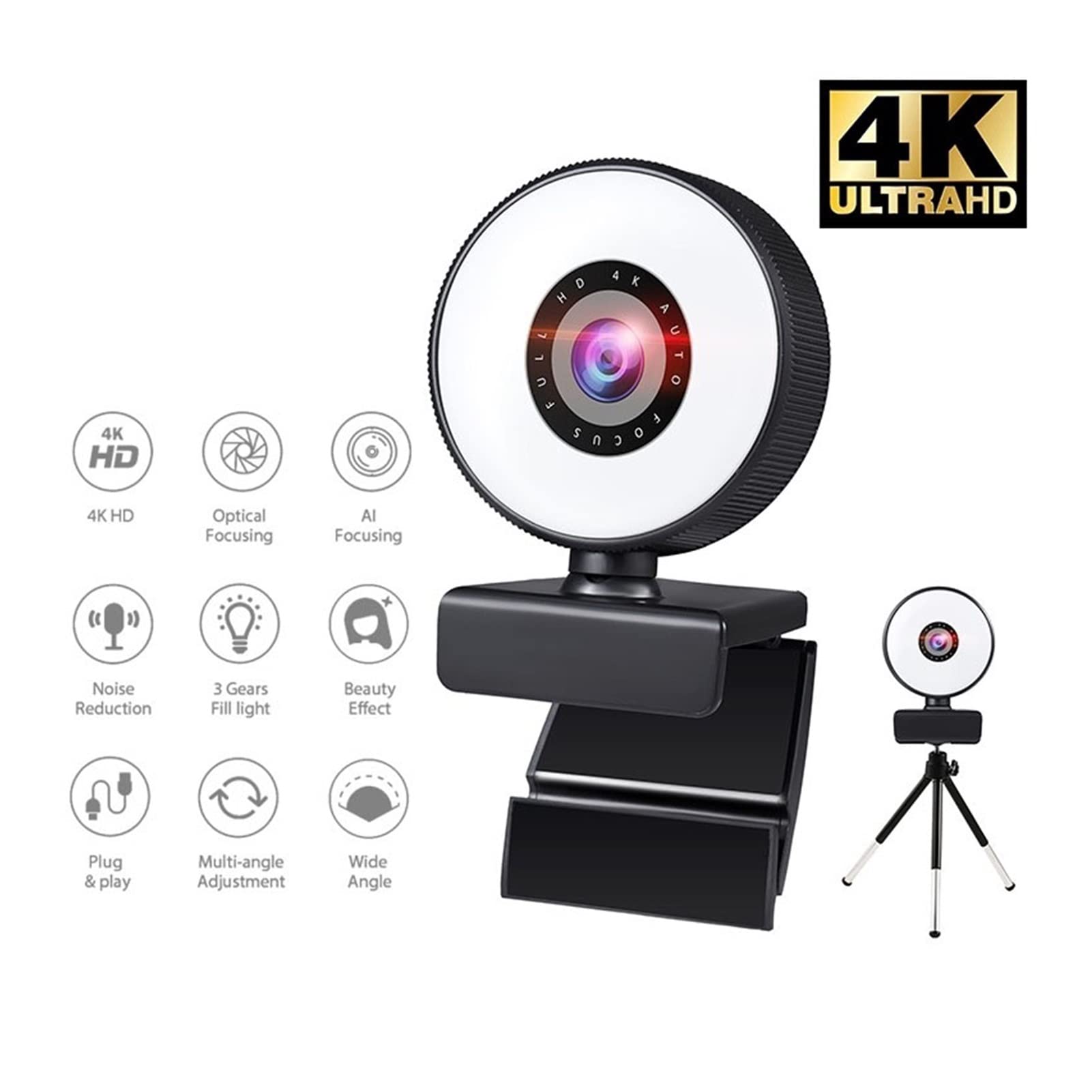 Webcam Webcam 4K Mini Web Camera for PC Computer Laptop with Microphone Auto Focus Light Video Webcam 1080P 2K Live Web Cam Accessories for Recording Calling Conferencing Gaming (2k (with Tripod))