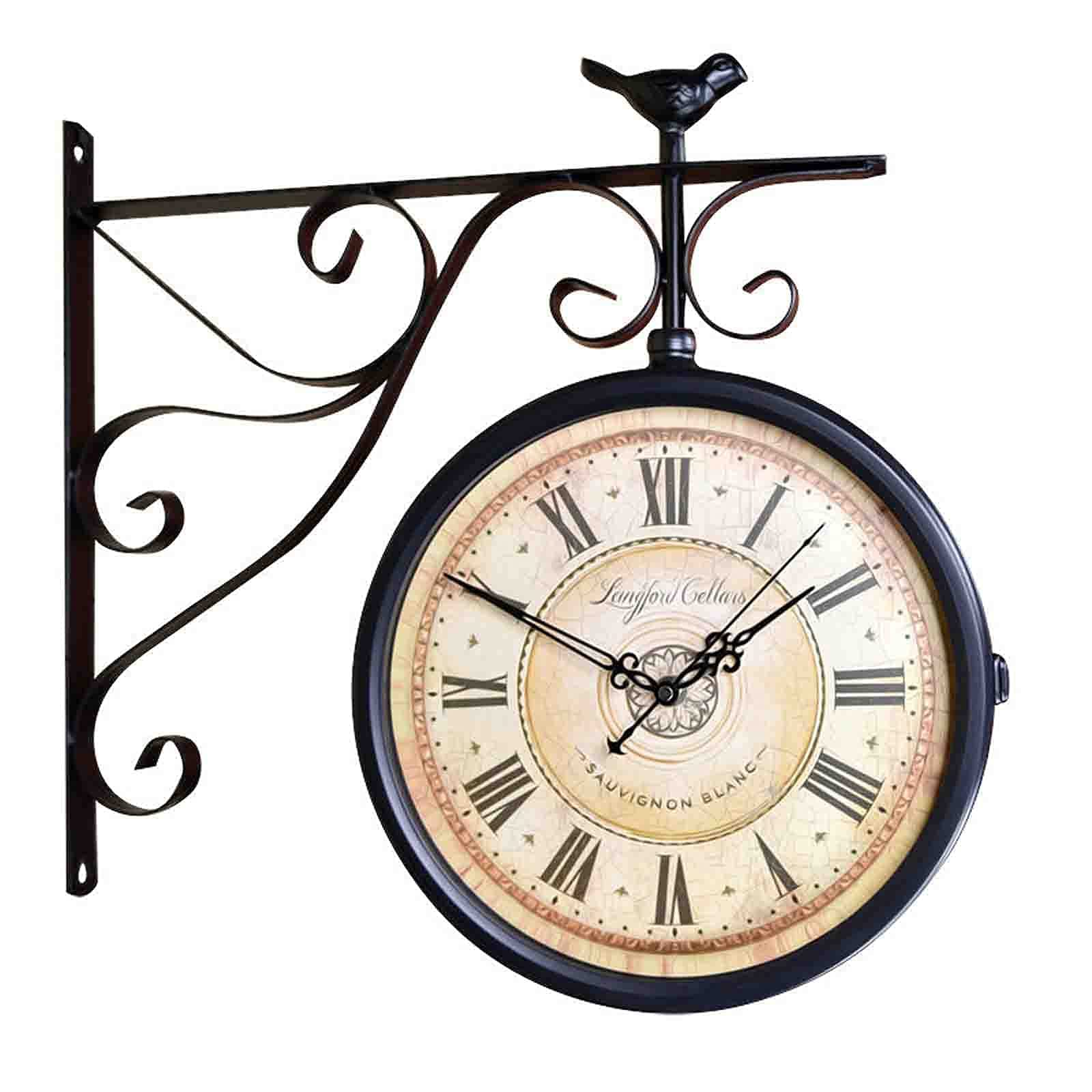 MYUYEE Wrought Iron Antique-Look Round Wall Hanging Double Sided Two Fas Retro Station Clock Round Chandelier Wall Hanging Clock Home Décor Wall Clock