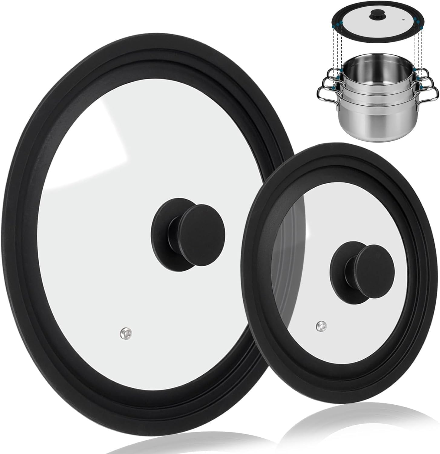 2 Pack Universal Lid for Pots Pans, Anti-scalding pot lid, Pan Cover fit 7", 8", 9" & 10", 11", 12" Diameter Cookware, Replacement Pans Lid with Tempered Glass and Heat Resistant Silicone Rim (Black)