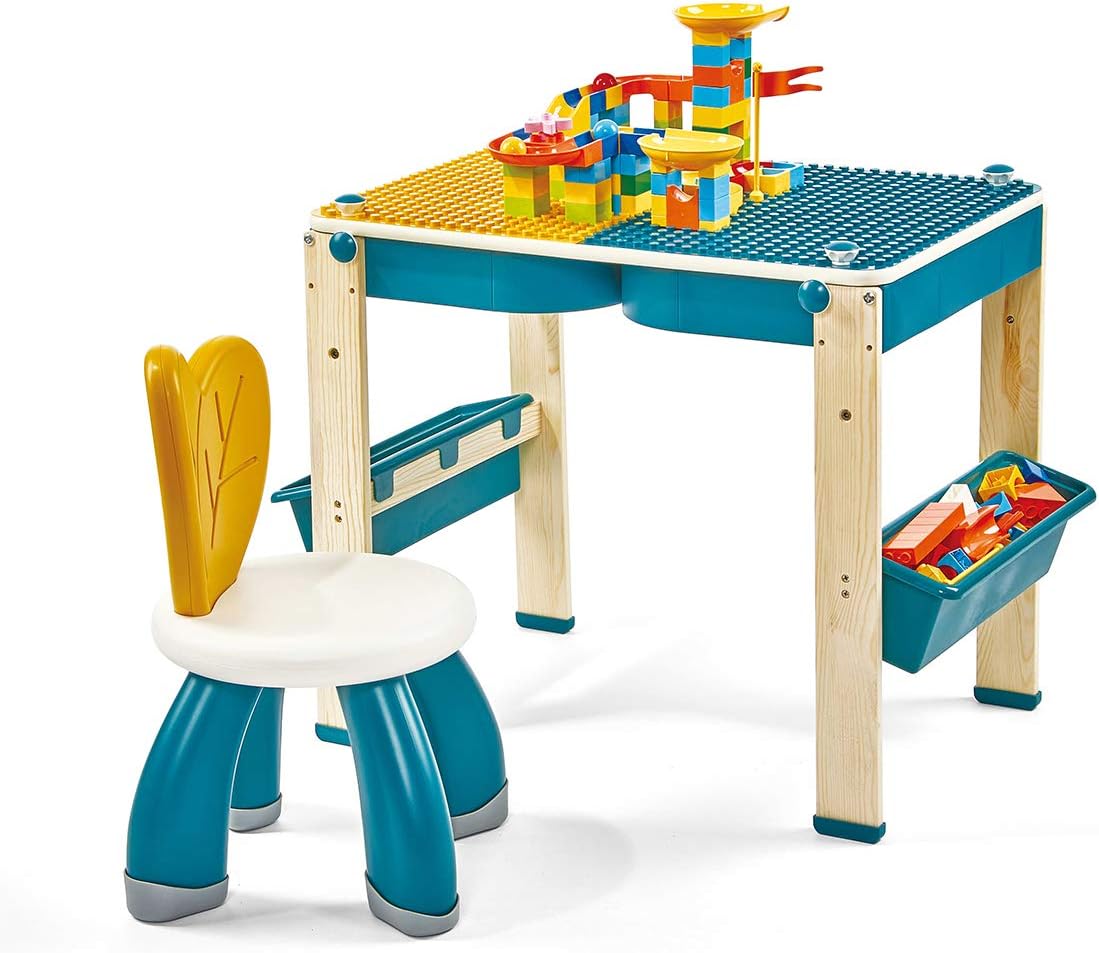 Toddler Table and Chair Set 2in1 Kids Table & Easel, Kids Table and Chair Set with 83 PCS Marble Run Brick Set & 1 Chair Toddler Kids Activity Table for Kids, Kids Art Easel for Kids