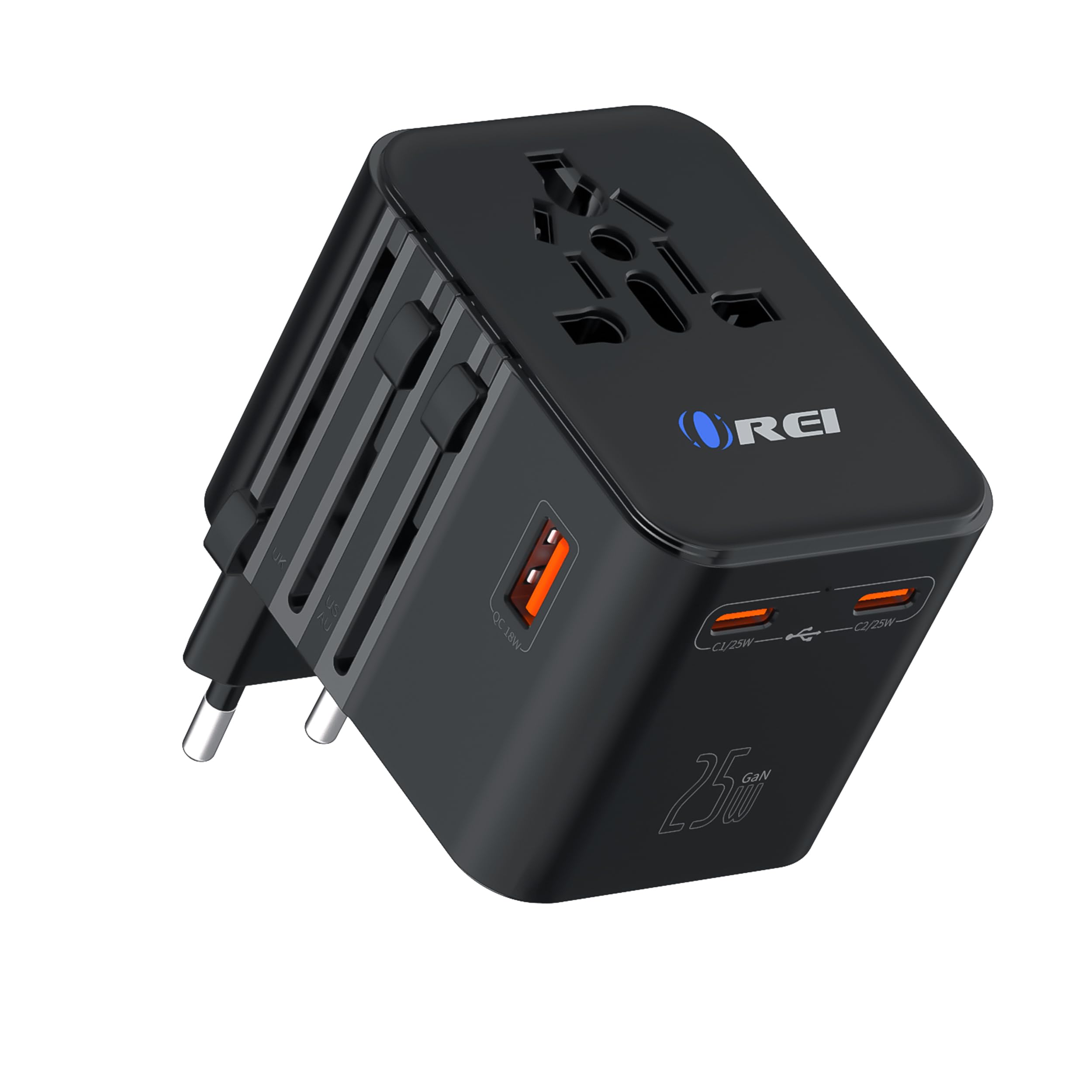 Orei 25Watt Universal Charger Adapter | 2X USBC 1XUSB A - 4-in-1 International Travel Adapter | Universal Travel Adapter Compatible 150+ Countries | Type C, A, G, I Compatible, Black