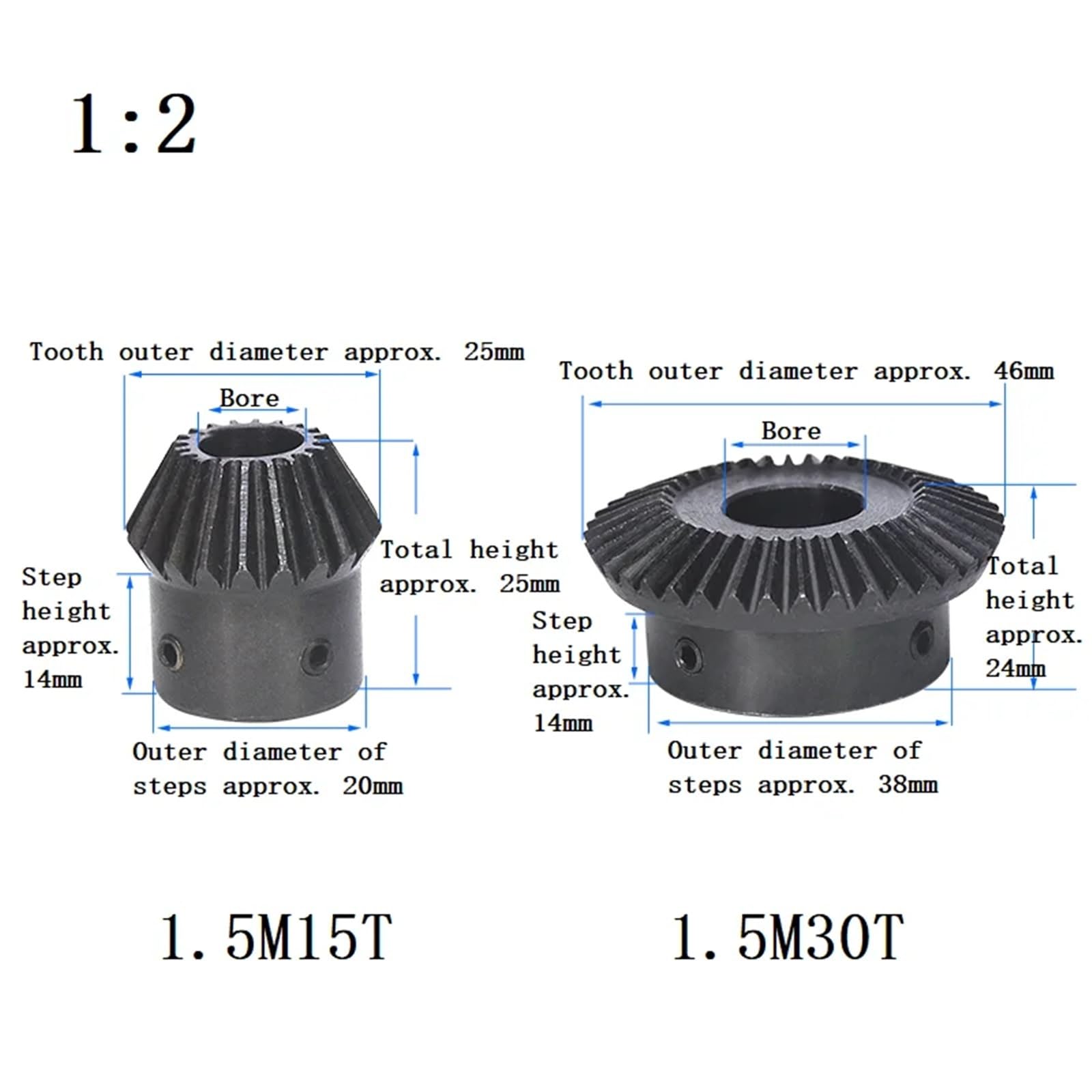 Engrenage conique simple 1,5m 1:2 15 dents 45# acier alésage 5/6/8/10/12mm 1 pièce(8mm)