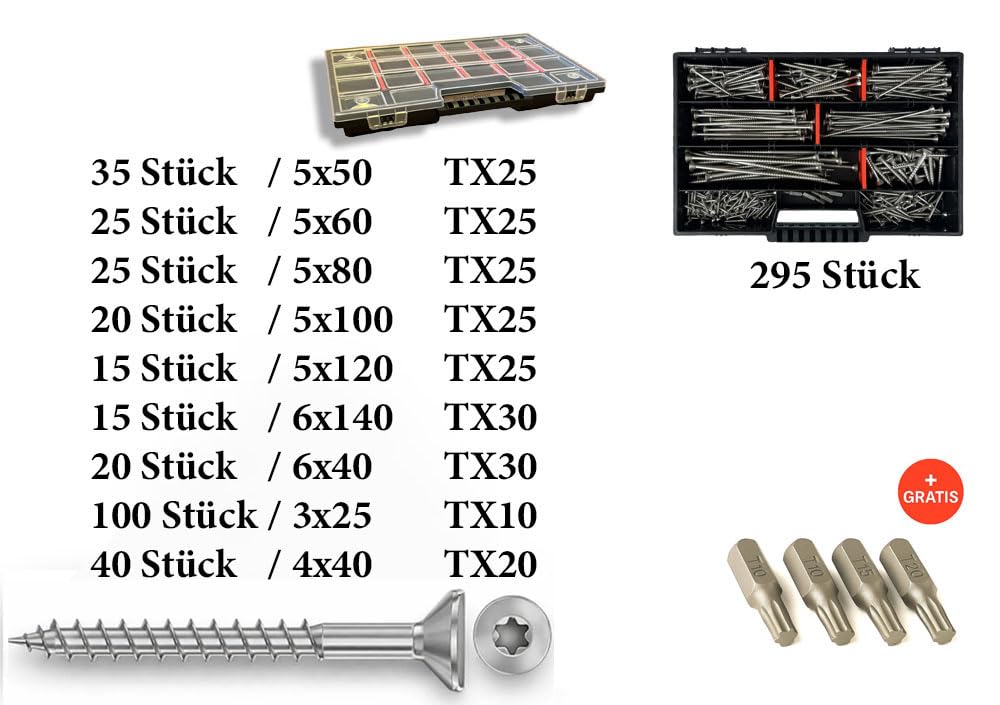 FRACKMANN Juego de tornillos de 295 piezas, acero inoxidable V2A, tornillos para madera y aglomerado, 3 x 25 hasta 6 x 140 cm, incluye 4 puntas TX y maletín surtido, calidad profesional fabricado en